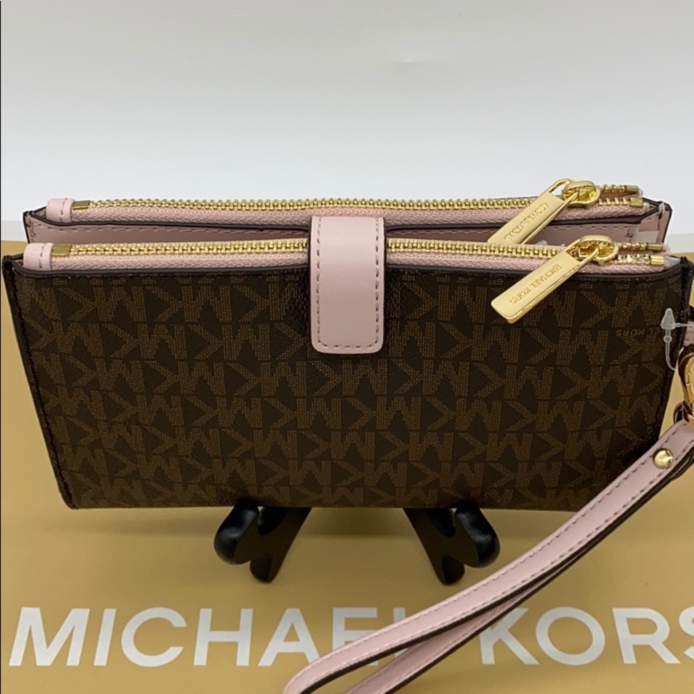 MICHAEL KORS LARGE DOUBLE ZIP WRISTLET POWDER BLUSH MULTI/ BROWN SIGNATURE - Picture 13 of 16